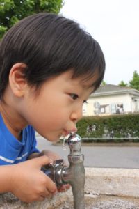 公園の水道で水を飲む男の子